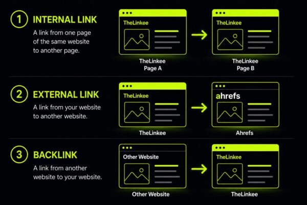 Difference between internal links, external links, and backlinks.